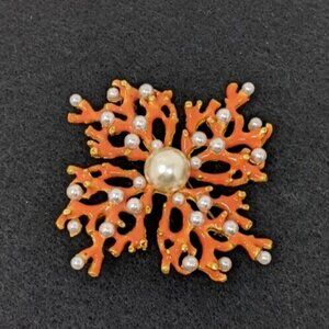 KJL KENNETH J LANE Large Enamel Brooch Coral Branch Faux Pearl Vintage Pin